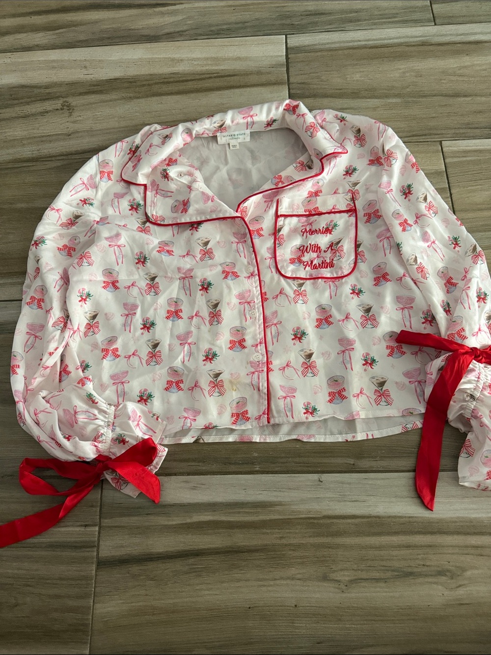 Altar'd State White Pajama Top with Pink Bow Print and Red Trim